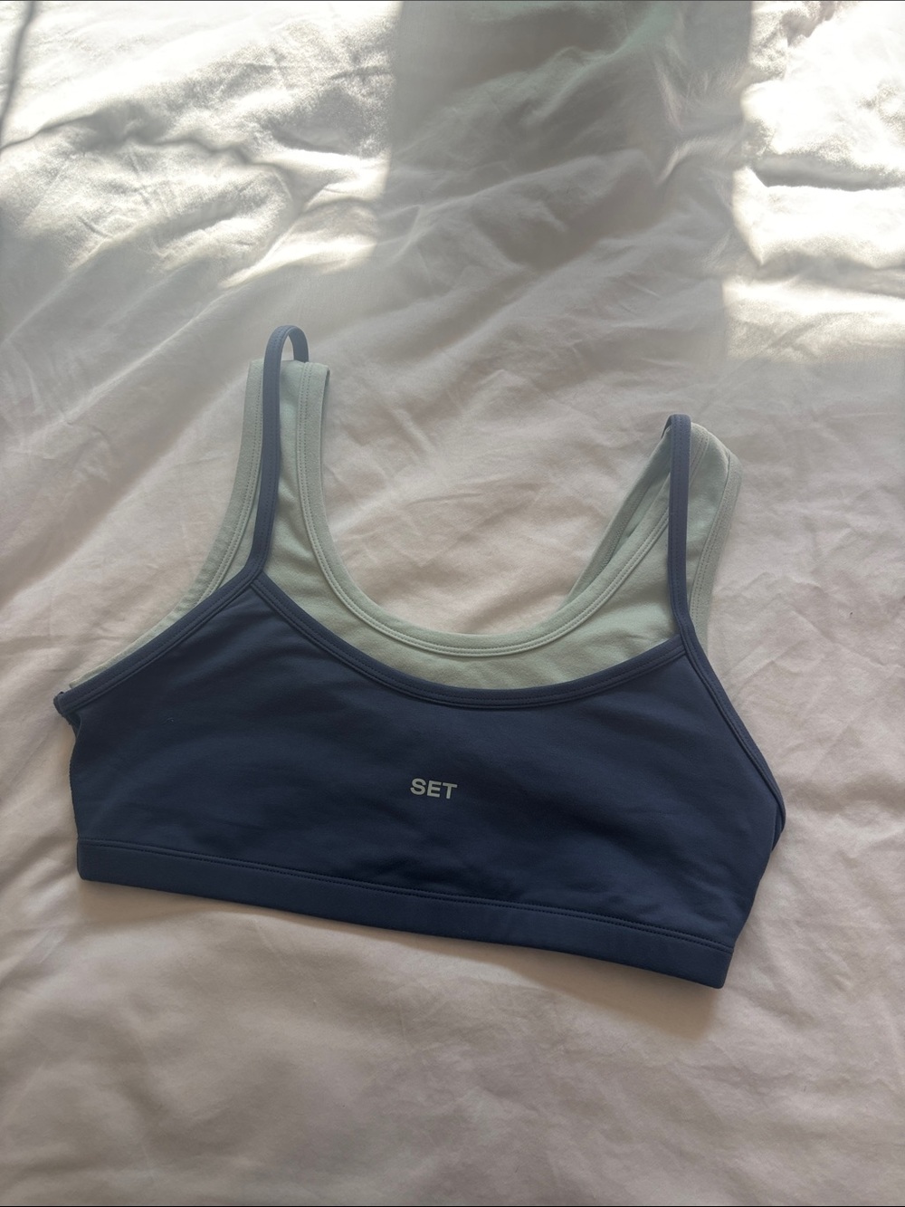 SET Active Double-Layer Scoop Neck Bralette in Blue and Mint